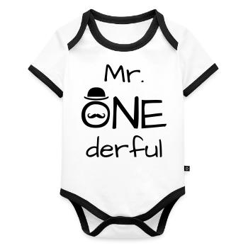 Mr ONEderful - 1. Geburtstag Geschenk niedlich - Baby Bio-Kurzarm-Kontrastbody - Weiß/Schwarz  - Vorne