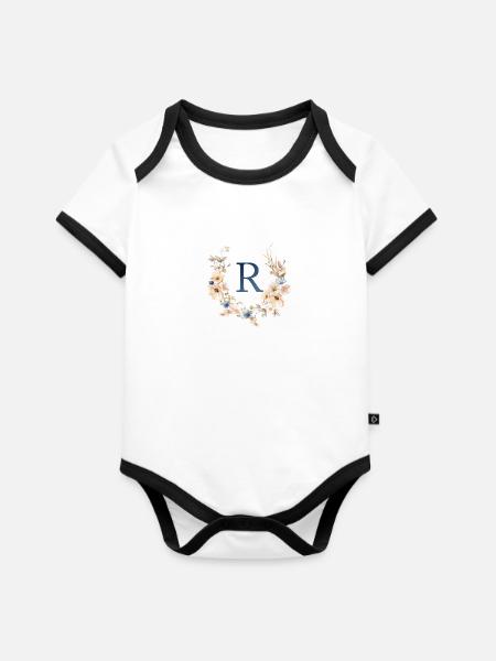 R Monogramm , Floral, Boho - Baby Bio-Kurzarm-Kontrastbody - Weiß/Schwarz