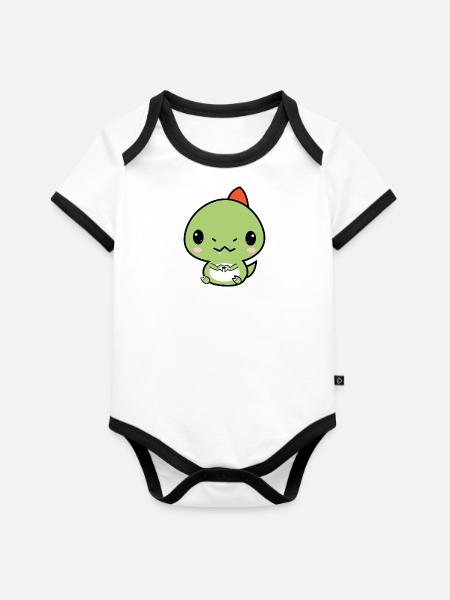 Choco der T-Rex - Baby Bio-Kurzarm-Kontrastbody - Weiß/Schwarz 