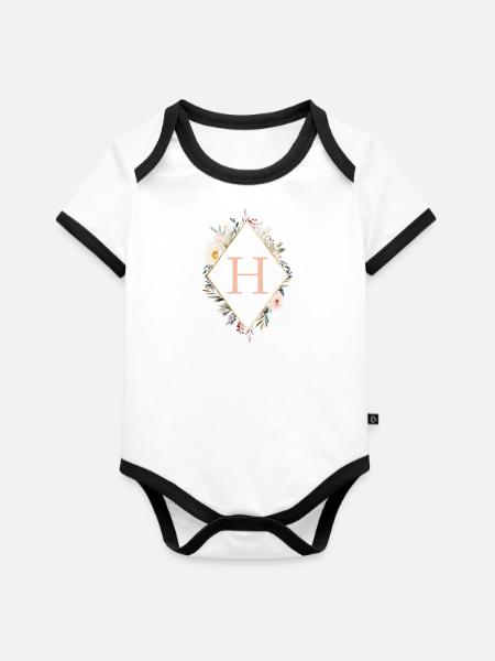H Monogramm , Floral, Boho - Baby Bio-Kurzarm-Kontrastbody - Weiß/Schwarz