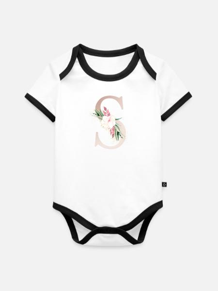 Personalisierbar Monogramm S Floral - Baby Bio-Kurzarm-Kontrastbody - Weiß/Schwarz 