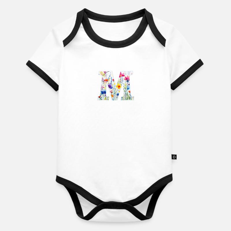 Buchstabe M, Monogramm, Tiermuster - Baby Bio-Kurzarm-Kontrastbody - Weiß/Schwarz