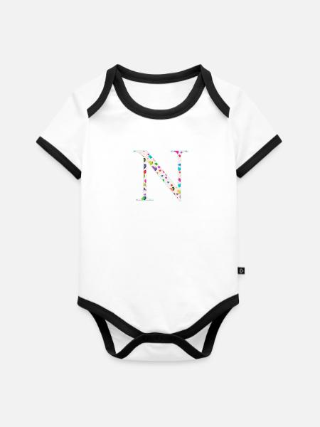 Personalisierbar Monogramm N Herzmuster - Baby Bio-Kurzarm-Kontrastbody - Weiß/Schwarz