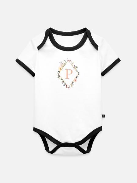 P Monogramm , Floral, Boho - Baby Bio-Kurzarm-Kontrastbody - Weiß/Schwarz