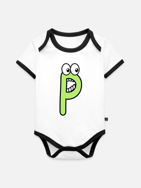 P - letter P with eyes 👀 - Organic Baby Contrasting Bodysuit - white/black