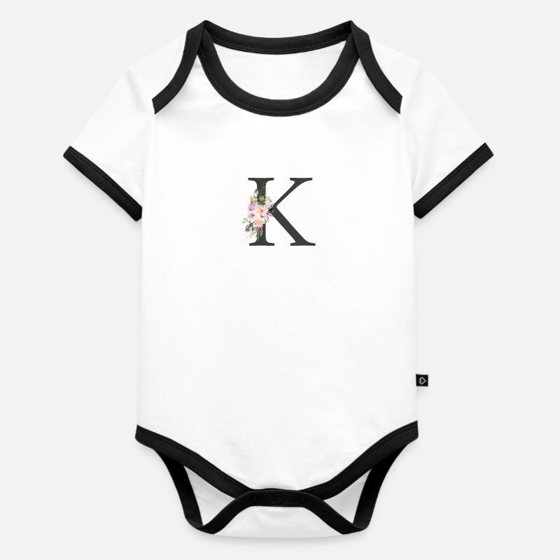 Buchstabe K, Monogramm, Blumen - Baby Bio-Kurzarm-Kontrastbody - Weiß/Schwarz 