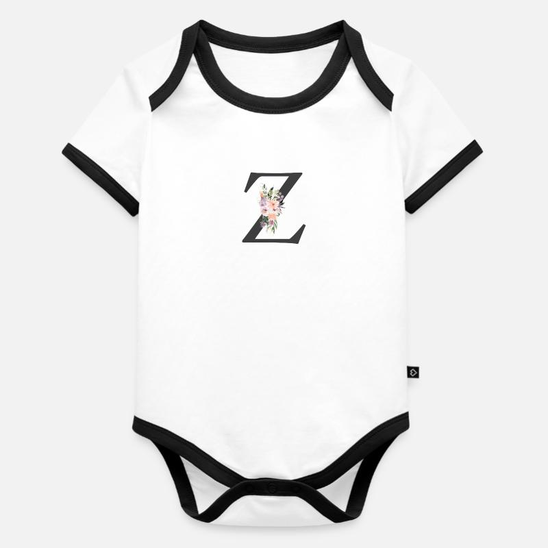 Lettre Z, Monogramme, Fleurs - Body Bébé bio contrasté manches courtes - blanc/noir 