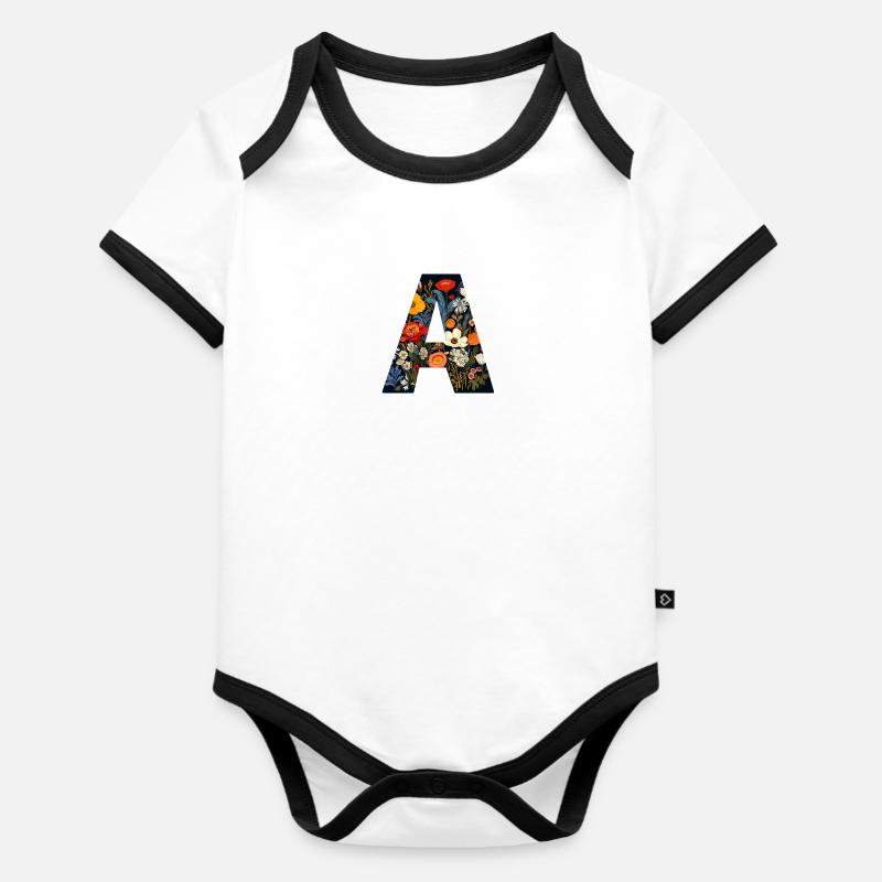 Buchstabe A, Monogramm, Blumenmuster - Baby Bio-Kurzarm-Kontrastbody - Weiß/Schwarz 