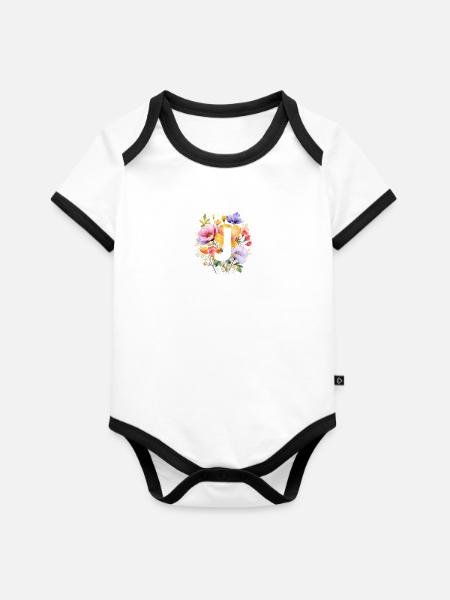 J Monogramm , bunter Blumenstrauss - Baby Bio-Kurzarm-Kontrastbody - Weiß/Schwarz 