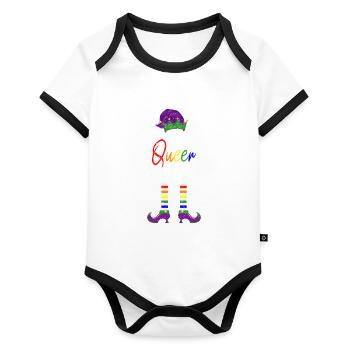 The Queer Elf - Der schwule Weihnachtself - Baby Bio-Kurzarm-Kontrastbody - Weiß/Schwarz  - Vorne