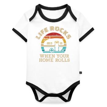 Wohnwagen - Baby Bio-Kurzarm-Kontrastbody - Weiß/Schwarz  - Vorne