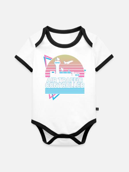 Fluglotse ATC Flugkontrolle Retro - Baby Bio-Kurzarm-Kontrastbody - Weiß/Schwarz 