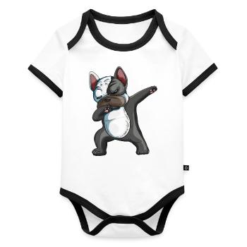 Dabbing Französische Bulldoge Hunde Dab Haustier - Baby Bio-Kurzarm-Kontrastbody - Weiß/Schwarz  - Vorne