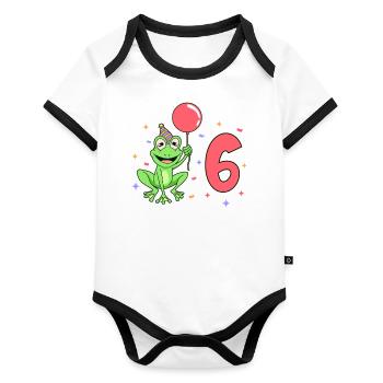 Mit Frosch - Kinder Geburtstag 6 Jahre - Baby Bio-Kurzarm-Kontrastbody - Weiß/Schwarz  - Vorne