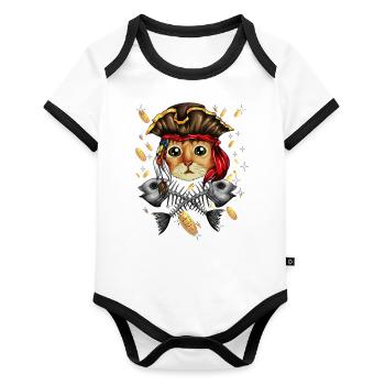 Pirate Chat Pirate Costume Chat Squelette Poisson - Body Bébé bio contrasté manches courtes - blanc/noir  - Devant