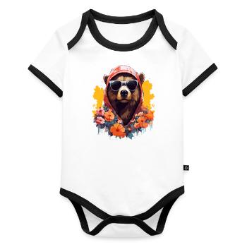 Bear with hoodie and sunglasses with colorful flowers - Organic Baby Contrasting Bodysuit - white/black  - Front