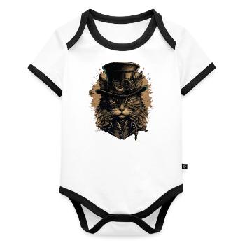 Chat Steampunk - Body Bébé bio contrasté manches courtes - blanc/noir  - Devant