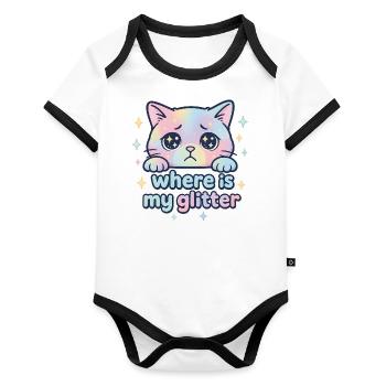Chat Kawaii triste – Où sont mes paillettes ? - Body Bébé bio contrasté manches courtes - blanc/noir  - Devant