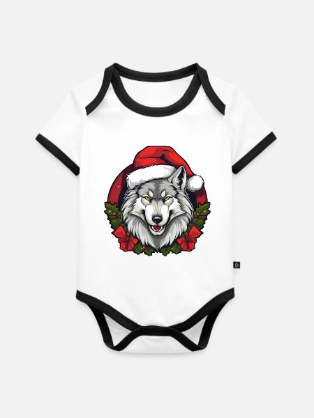 Wolf Weihnachten - Baby Bio-Kurzarm-Kontrastbody - Weiß/Schwarz