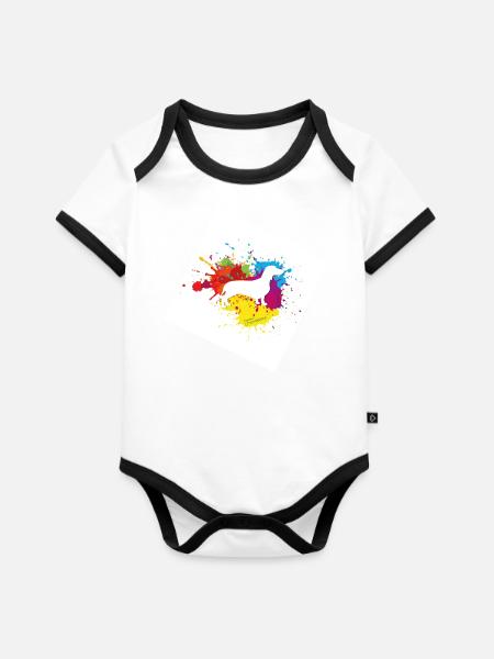Dackel Farbklecks - Baby Bio-Kurzarm-Kontrastbody - Weiß/Schwarz