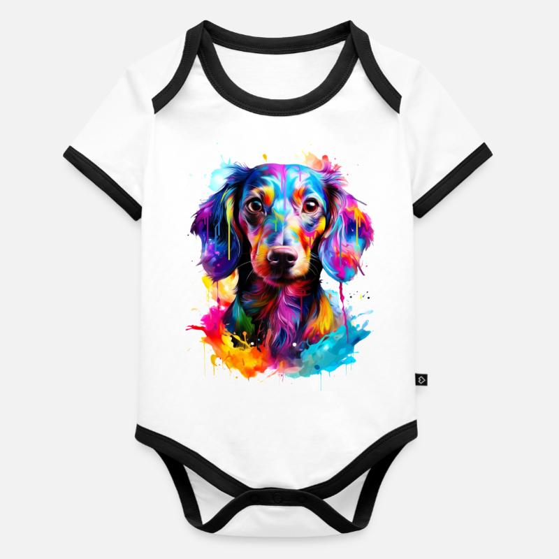Bemalter Dackel Hund - Baby Bio-Kurzarm-Kontrastbody - Weiß/Schwarz 