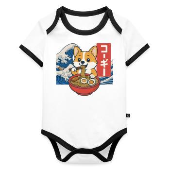 Corgi mangeant des ramen Art des vagues japonaises - Body Bébé bio contrasté manches courtes - blanc/noir  - Devant