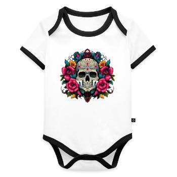 Vibrant Skull Blooms - Organic Baby Contrasting Bodysuit - white/black  - Front