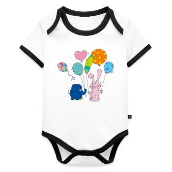 Elefant und Hase mit Luftballons - Baby Bio-Kurzarm-Kontrastbody - Weiß/Schwarz  - Vorne