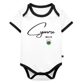 Flagge von Wales, walisischer Stolz - Baby Bio-Kurzarm-Kontrastbody - Weiß/Schwarz  - Vorne