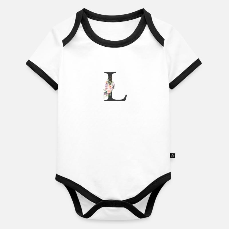Lettre L, Monogramme, Fleurs - Body Bébé bio contrasté manches courtes - blanc/noir 