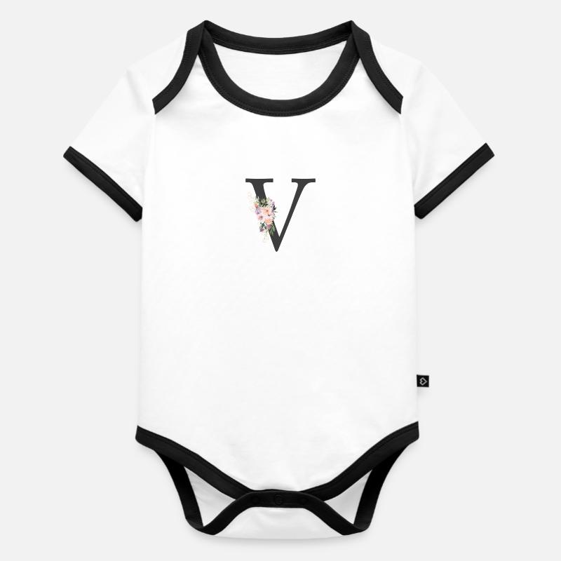 Lettre V, Monogramme, Fleurs - Body Bébé bio contrasté manches courtes - blanc/noir 