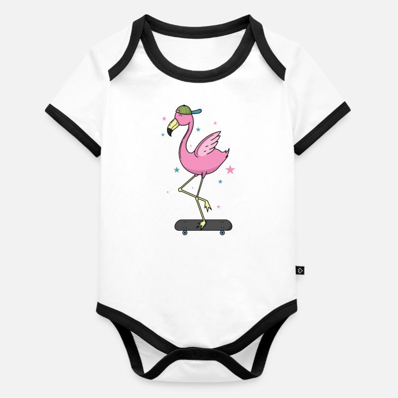 cool flamingo sur skateboard - Body Bébé bio contrasté manches courtes - blanc/noir