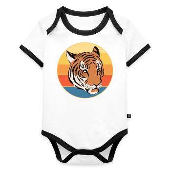 Tiger Big Cat Vintage Retro Sonnenuntergang - Baby Bio-Kurzarm-Kontrastbody - Weiß/Schwarz  - Vorne