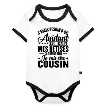 Je vais être cousin, Cadeau future cousin - Body Bébé bio contrasté manches courtes - blanc/noir  - Devant