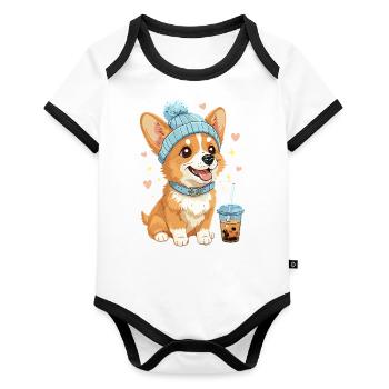 Bubble Tea Corgi Chien Bonnet Mignon Chien Amoureux - Body Bébé bio contrasté manches courtes - blanc/noir  - Devant
