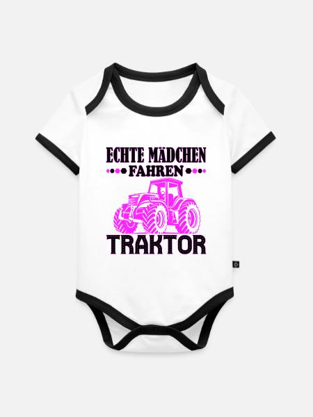 Echte Mädchen Fahren Traktor - Baby Bio-Kurzarm-Kontrastbody - Weiß/Schwarz