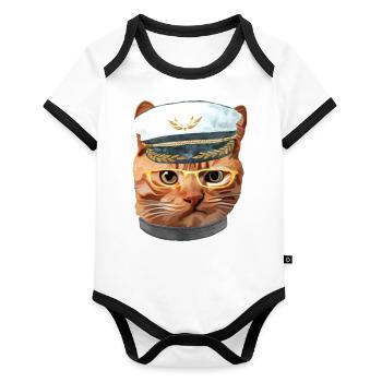 Cat Kitty Kitten In Clothes Yellow Glasses Captain - Organic Baby Contrasting Bodysuit - white/black  - Front