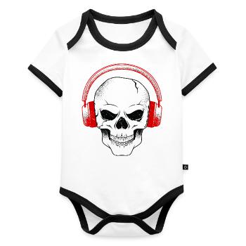 skull Dj music headphones Hardrock Techno House - Organic Baby Contrasting Bodysuit - white/black  - Front