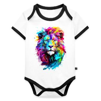 Lion peint - Body Bébé bio contrasté manches courtes - blanc/noir  - Devant