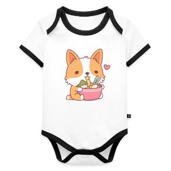 Mignon Corgi mangeant des nouilles ramen japonaises - Body Bébé bio contrasté manches courtes - blanc/noir  - Devant