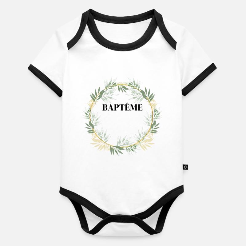 illustration florale cadeau baptême - Body Bébé bio contrasté manches courtes - blanc/noir
