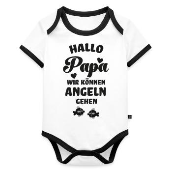 Geboren um mit Papa angeln zu gehen Baby Geburt - Baby Bio-Kurzarm-Kontrastbody - Weiß/Schwarz  - Vorne