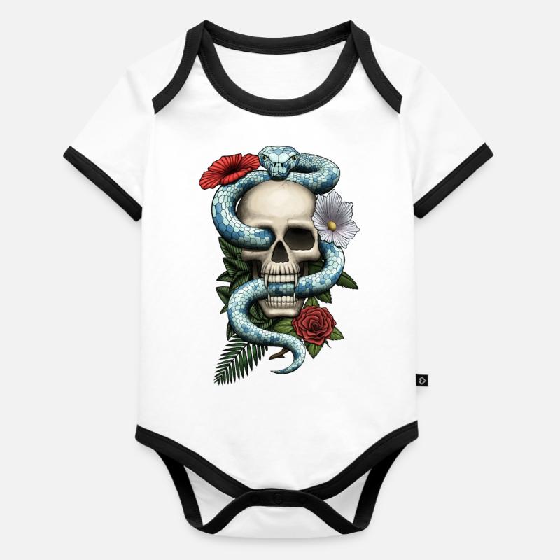 Crâne avec serpent et fleurs - Body Bébé bio contrasté manches courtes - blanc/noir 