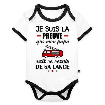 Je suis la preuve papa pompier, annonce grossesse - Body Bébé bio contrasté manches courtes - blanc/noir  - Devant