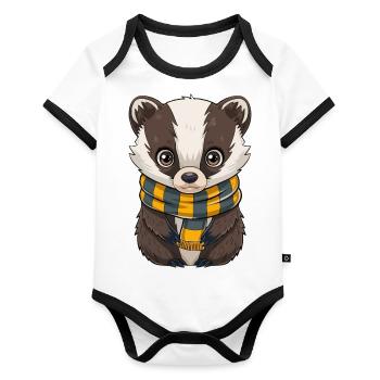 Mignon blaireau avec écharpe jaune et noire - Body Bébé bio contrasté manches courtes - blanc/noir  - Devant