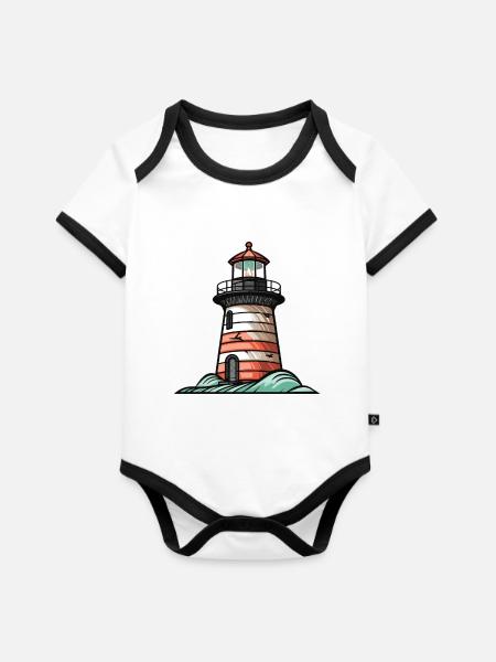 Leuchtturm Küste Symbol - Baby Bio-Kurzarm-Kontrastbody - Weiß/Schwarz