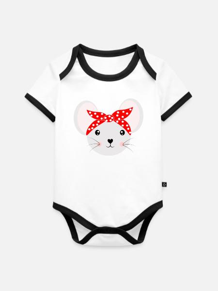 Cute Mouse - Baby Bio-Kurzarm-Kontrastbody - Weiß/Schwarz 