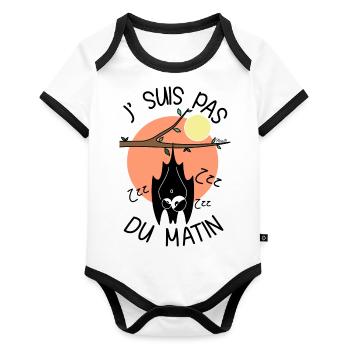 Chauve-souris, J' Suis pas du Matin, réveil - Body Bébé bio contrasté manches courtes - blanc/noir  - Devant