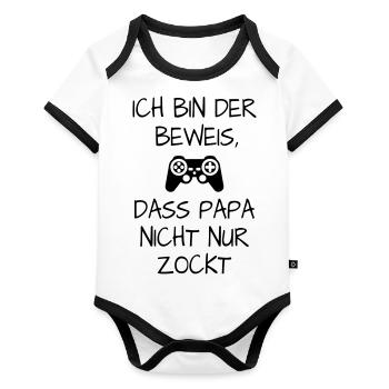 Papa Zocker Gamer Baby Geburt Geschenk lustig - Baby Bio-Kurzarm-Kontrastbody - Weiß/Schwarz  - Vorne
