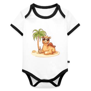 Kamel Sommer Strand Comic - Baby Bio-Kurzarm-Kontrastbody - Weiß/Schwarz  - Vorne